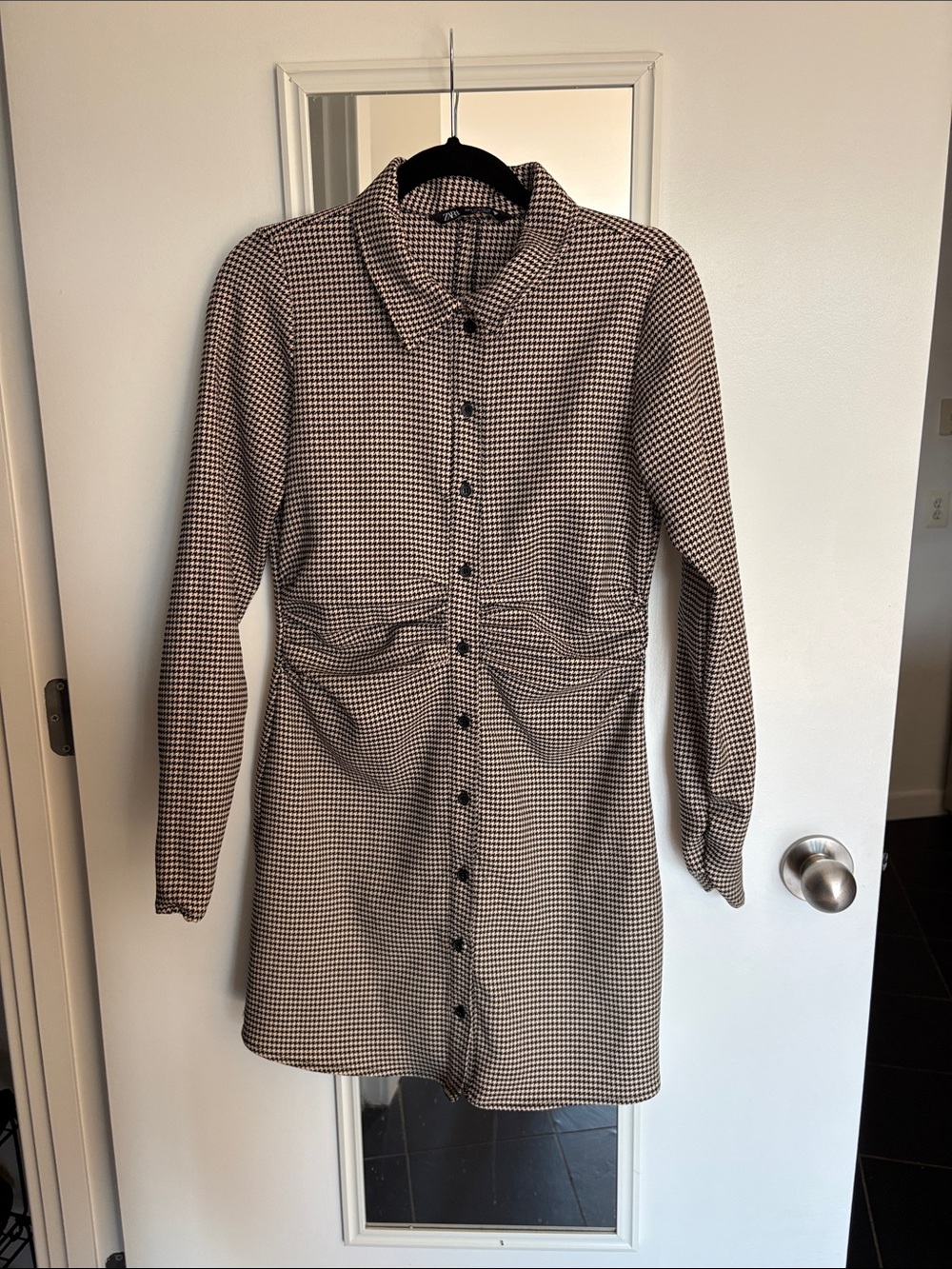 Zara Black and Beige Houndstooth Long-Sleeve Button Dress